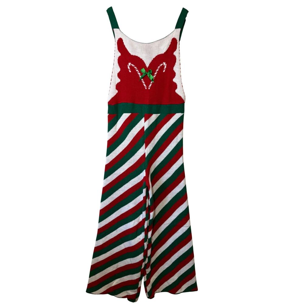 Christmas Overalls Jumpsuit Santa Elf Holiday Candy Cane Stripe Acrylic Large